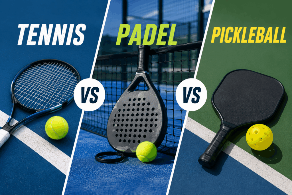 Side-by-side comparison of tennis, padel, and pickleball equipment featuring a tennis racket, padel racket, pickleball paddle, and their respective balls on court surfaces.