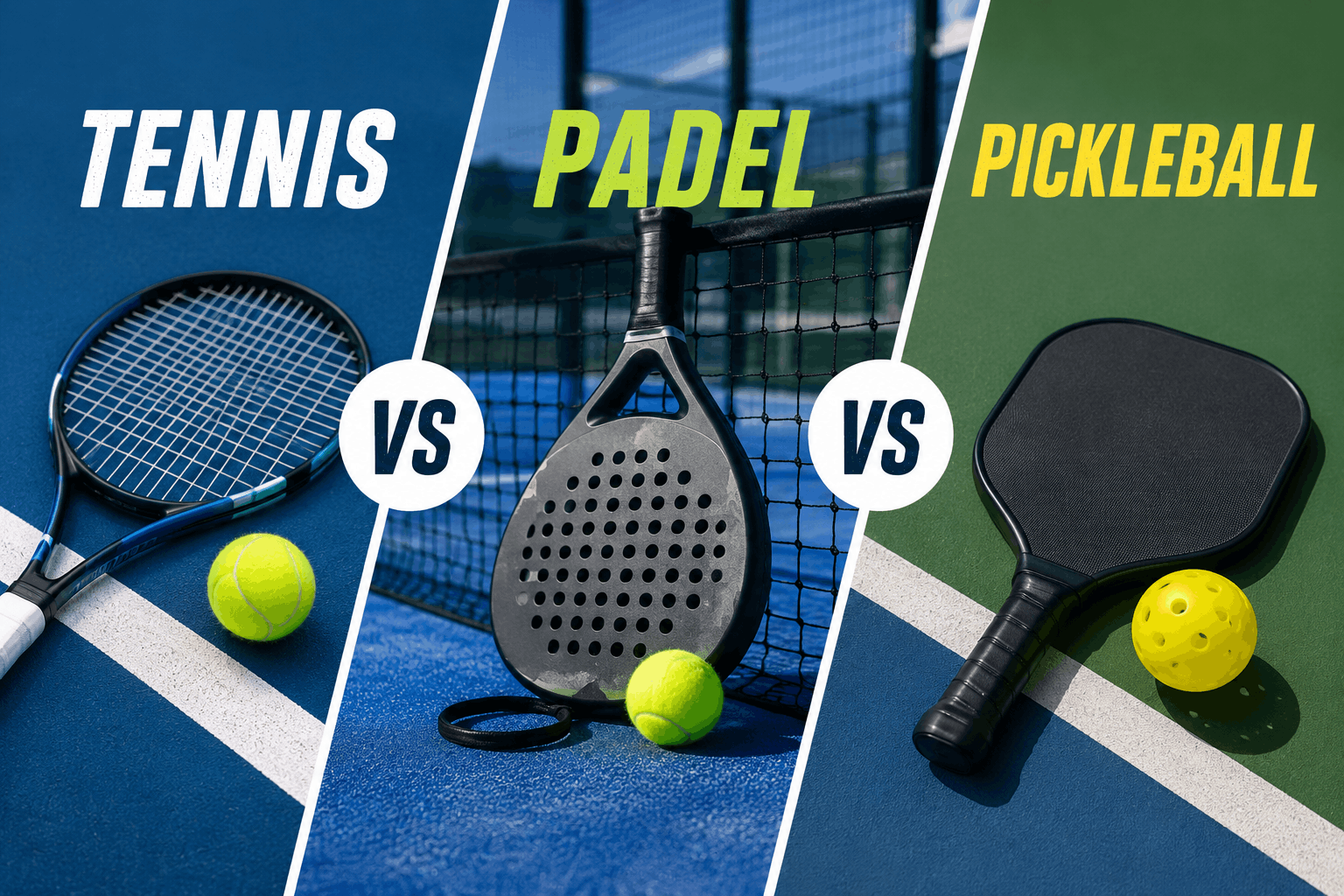 Side-by-side comparison of tennis, padel, and pickleball equipment featuring a tennis racket, padel racket, pickleball paddle, and their respective balls on court surfaces.